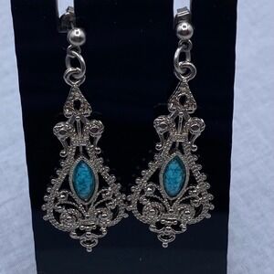 Chandelier Earrings Silver Tone Turquoise Filigree Boho Drop Victorian Ornate